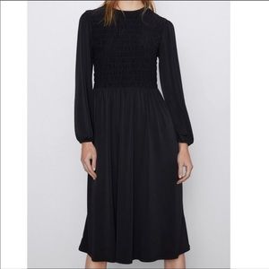 Zara Long Sleeve Smocked Midi Dress